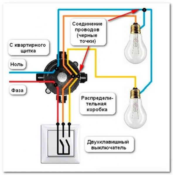 Подключение двухклавишного выключателя света